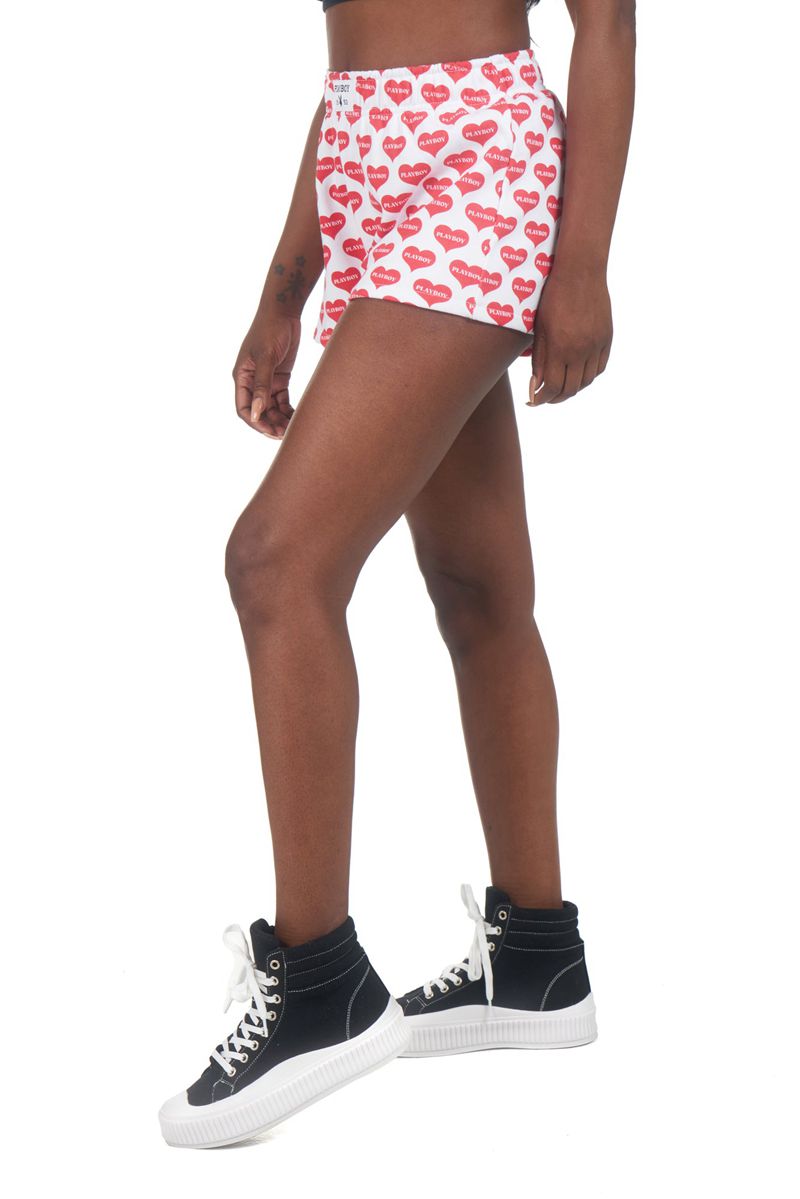 Bermudas Playboy Heart Lounge Boxers Mujer Rojos Blancos | 5317-SJXWZ