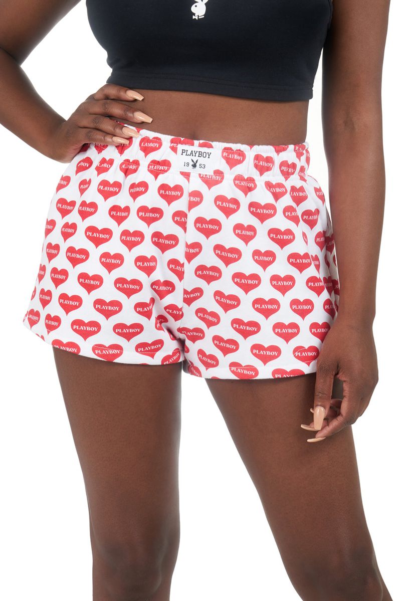 Bermudas Playboy Heart Lounge Boxers Mujer Rojos Blancos | 5317-SJXWZ