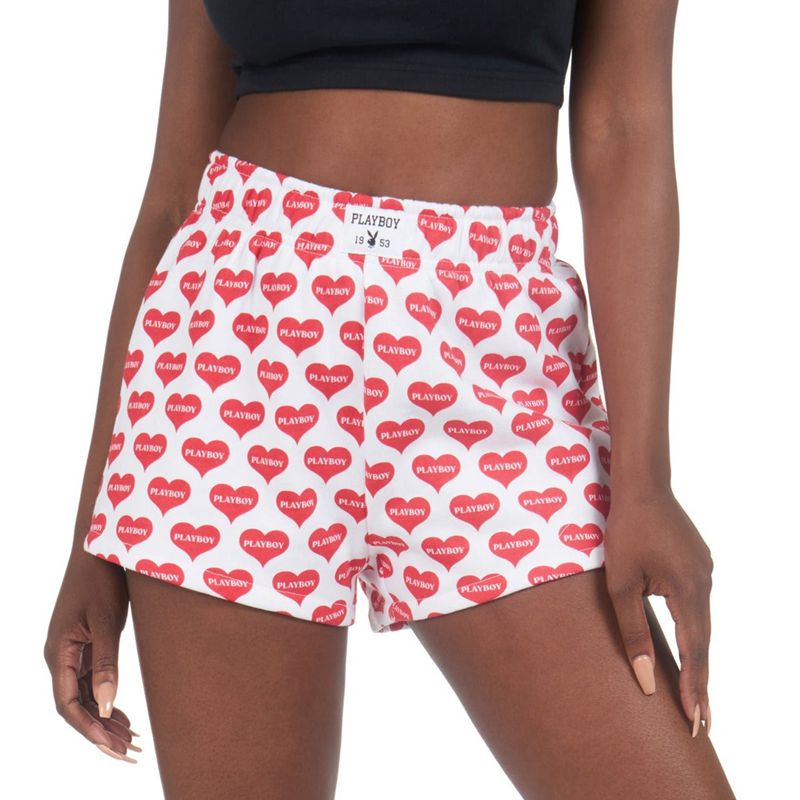 Bermudas Playboy Heart Lounge Boxers Mujer Rojos Blancos | 5317-SJXWZ