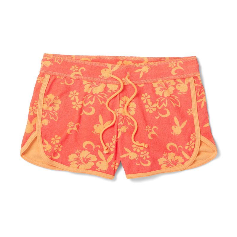 Bermudas Playboy Hibiscus Terry Sweats Mujer Rojos Naranjas | 5621-BSKOV