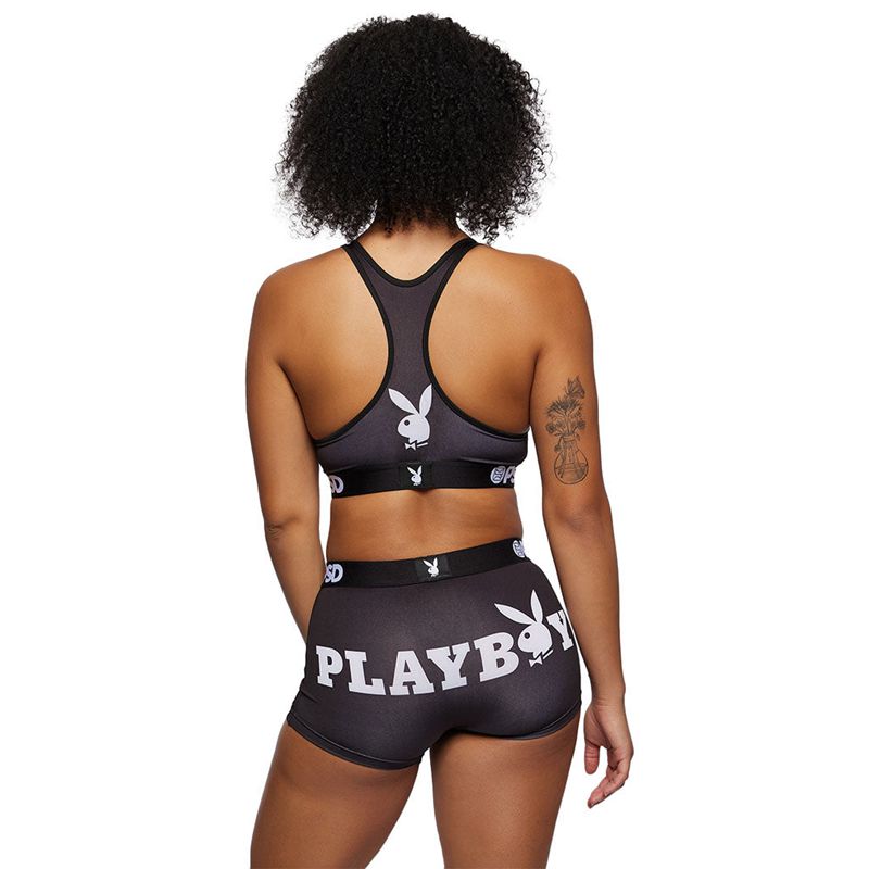 Bermudas Playboy Logo Boy Mujer Negros Blancos | 8420-VTKLQ