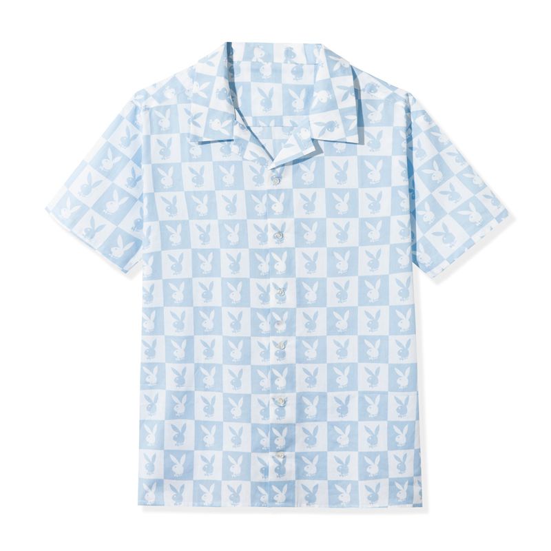 Camisas Playboy Checker Rabbit Head Button Down Hombre Azules | 7341-ZLVDN