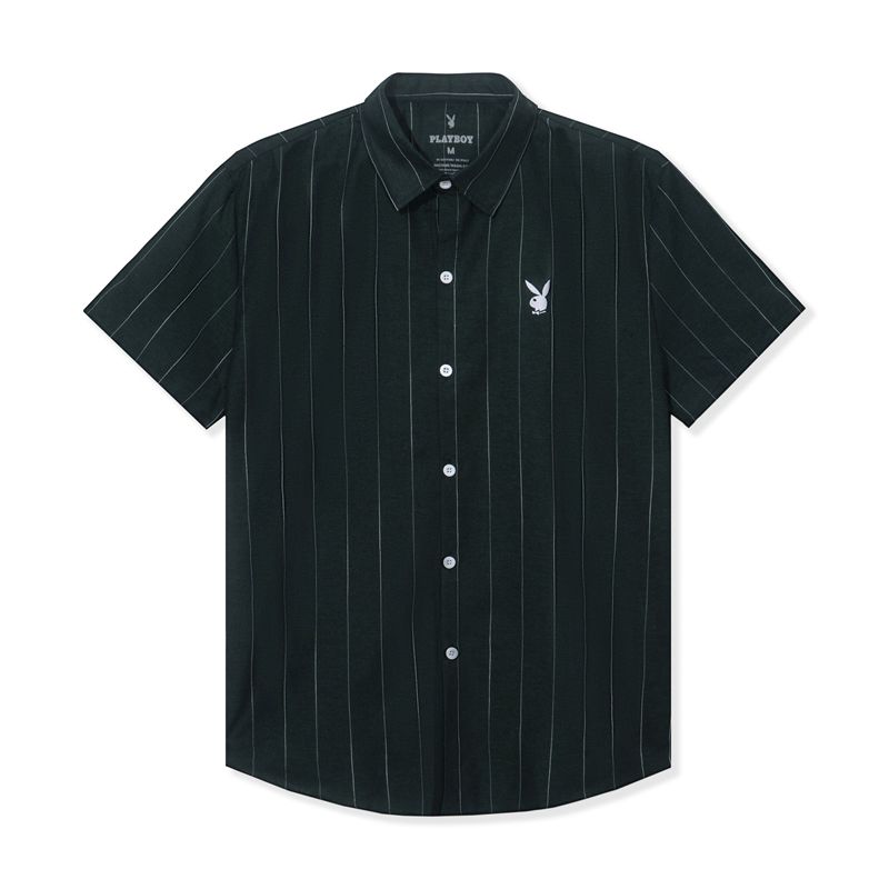 Camisas Playboy Striped Button Down Camp Hombre Negros | 2708-KNGXP