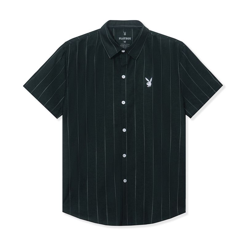 Camisas Playboy Striped Button Down Camp Hombre Negros | 2708-KNGXP