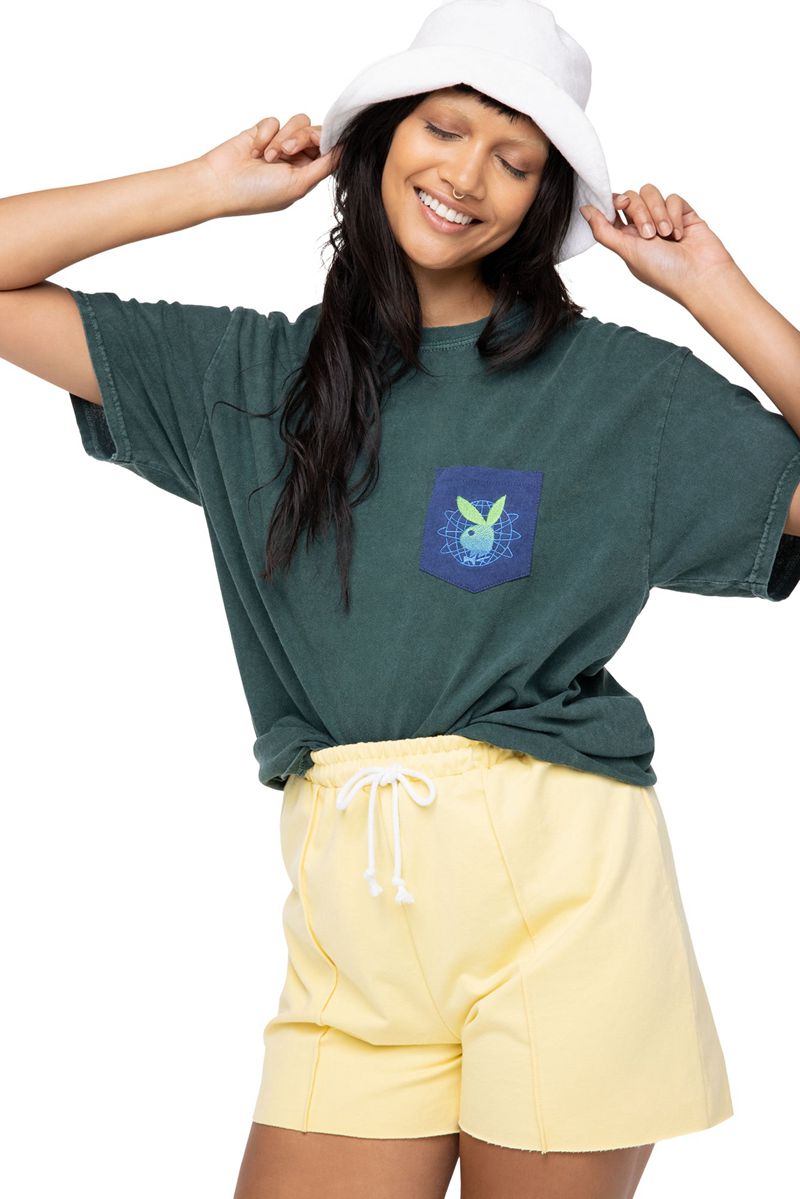 Camiseta Playboy Contrast Pocket Tee Mujer Negros Verdes | 7560-WRCOH