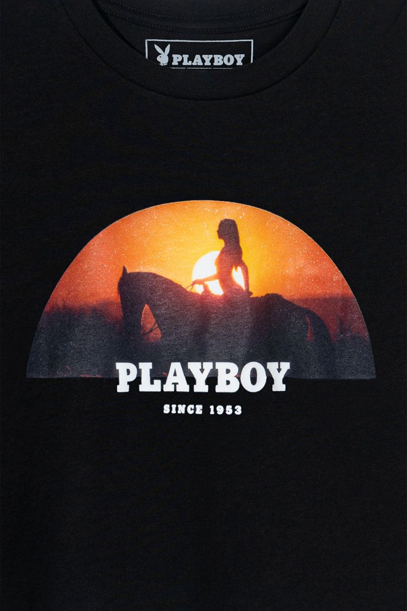 Camiseta Playboy December 1972 Playmate Mercy Rooney Sunset Rider Mujer Negros | 8476-HADCL