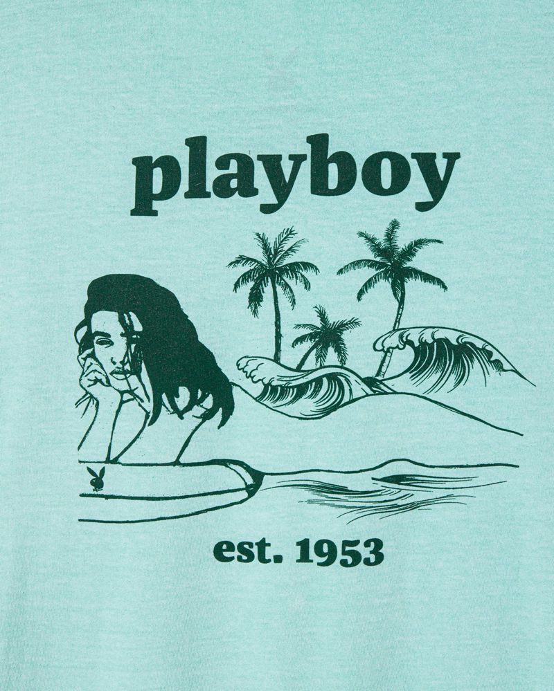 Camiseta Playboy Illustrated Pocket Mujer Verdes | 4723-TOZRD