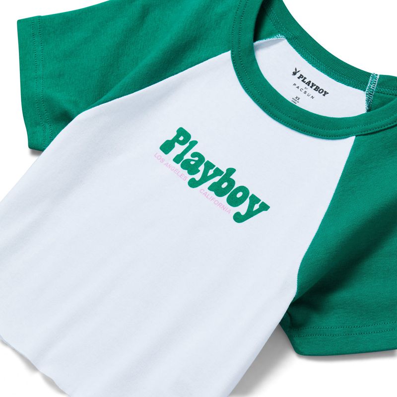 Camiseta Playboy Island Raglan Mujer Blancos Verdes | 3162-PEDQH