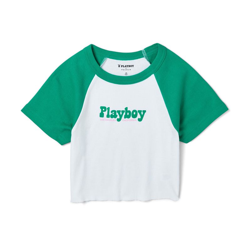 Camiseta Playboy Island Raglan Mujer Blancos Verdes | 3162-PEDQH