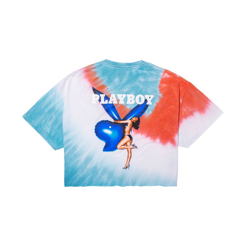 Camiseta Playboy July 1977 Cover Tie Dye Crop Mujer Azules Blancos Naranjas | 8234-QDOWM