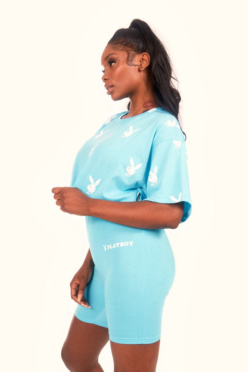 Camiseta Playboy Logo Mujer Azules | 6572-IOJUD