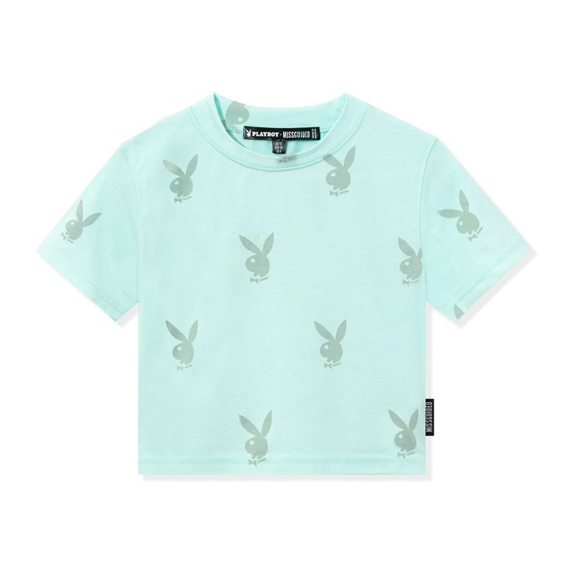 Camiseta Playboy Missguided Rabbit Head Ringer Mujer Verdes | 0856-CJUFX