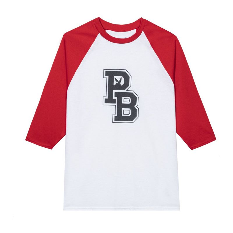 Camiseta Playboy Varsity Letras Raglan Mujer Blancos Rojos | 5239-HFURZ