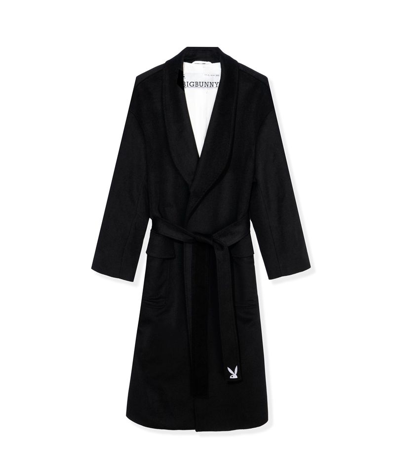 Chaquetas Playboy Belted Long Wool Robe Coat Mujer Negros | 7429-UOCPK