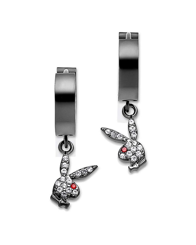 Joyería Playboy Bunny Huggie Hoop And Dangling Charm Earring Mujer Negros | 8247-KNLMZ