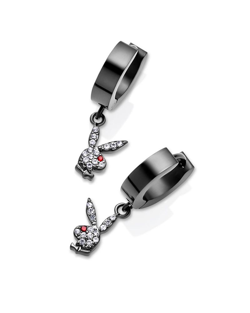 Joyería Playboy Bunny Huggie Hoop And Dangling Charm Earring Mujer Negros | 8247-KNLMZ