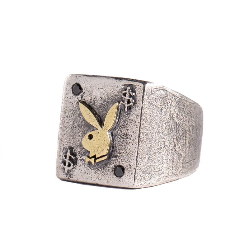 Joyería Playboy Rabbit Head Ring With Onyx Stones Hombre Metal | 6982-PHATE