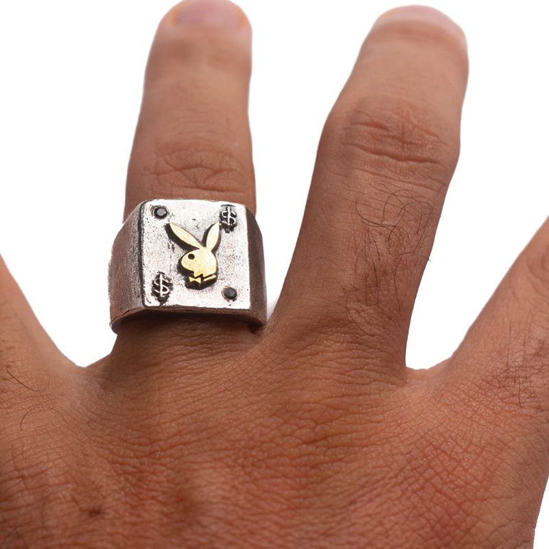 Joyería Playboy Rabbit Head Ring With Onyx Stones Hombre Metal | 6982-PHATE