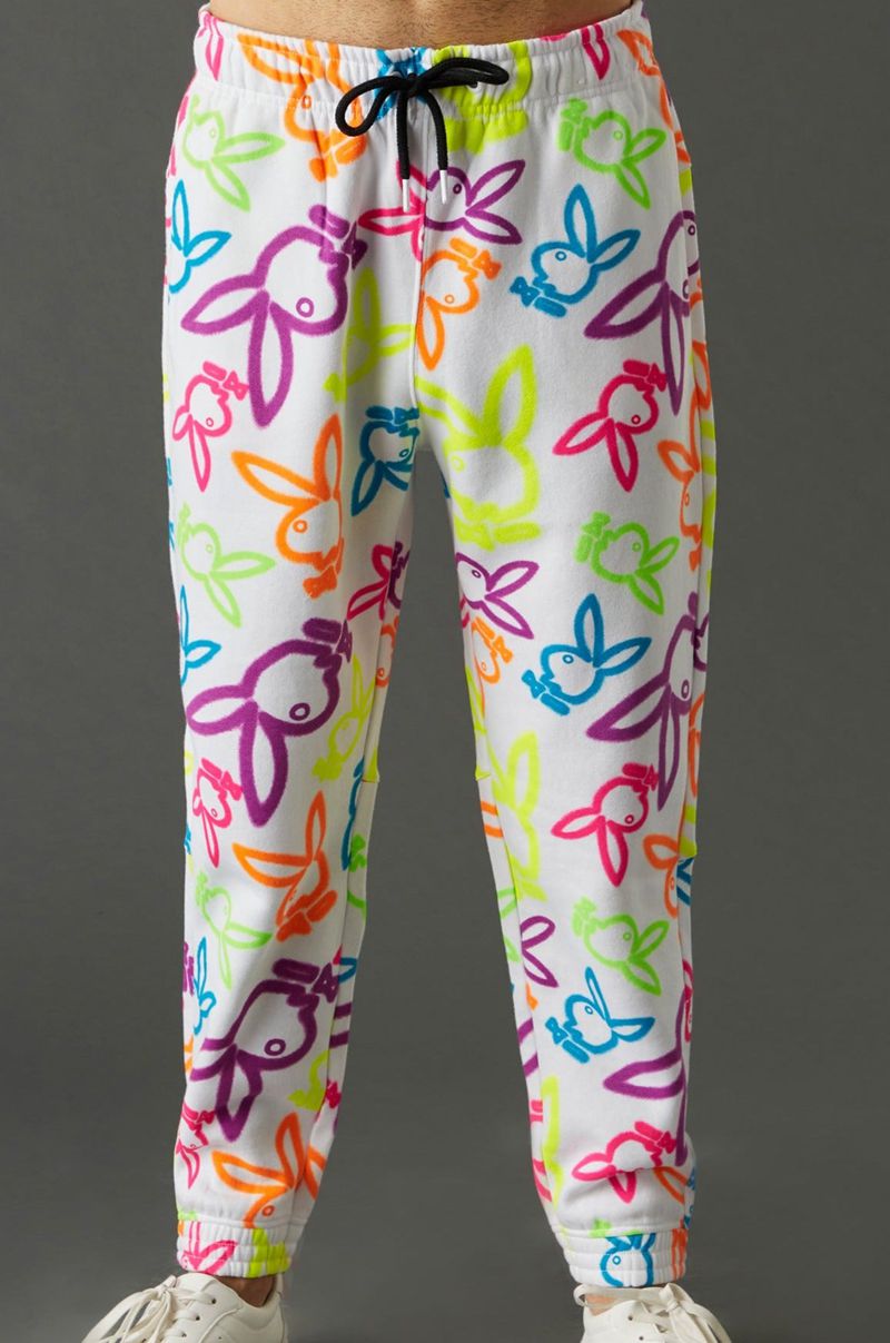 Pantalones Deportivos Playboy Neon Bunny Print Jogger Hombre Blancos | 5682-WKBHI