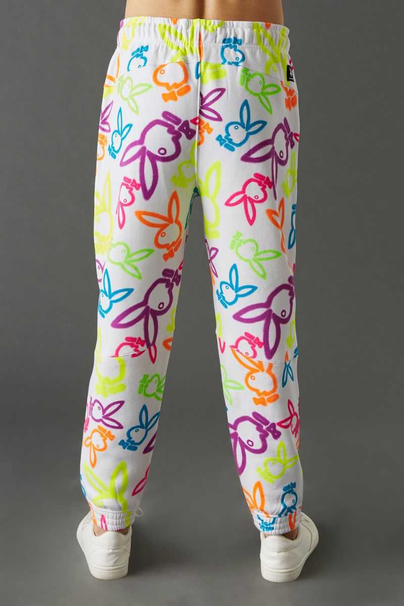 Pantalones Deportivos Playboy Neon Bunny Print Jogger Hombre Blancos | 5682-WKBHI