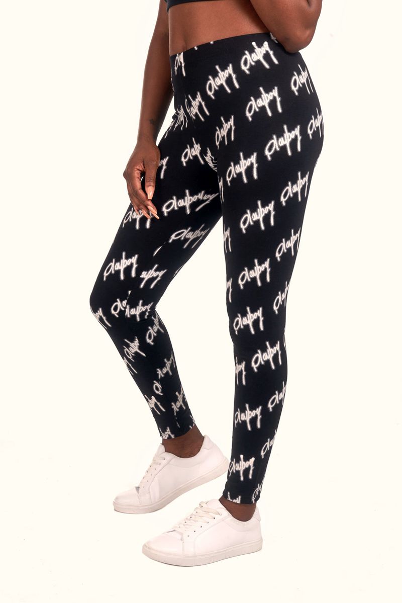 Pantalones Playboy Graffiti Script Legging Mujer Negros Blancos | 3961-FCNGE