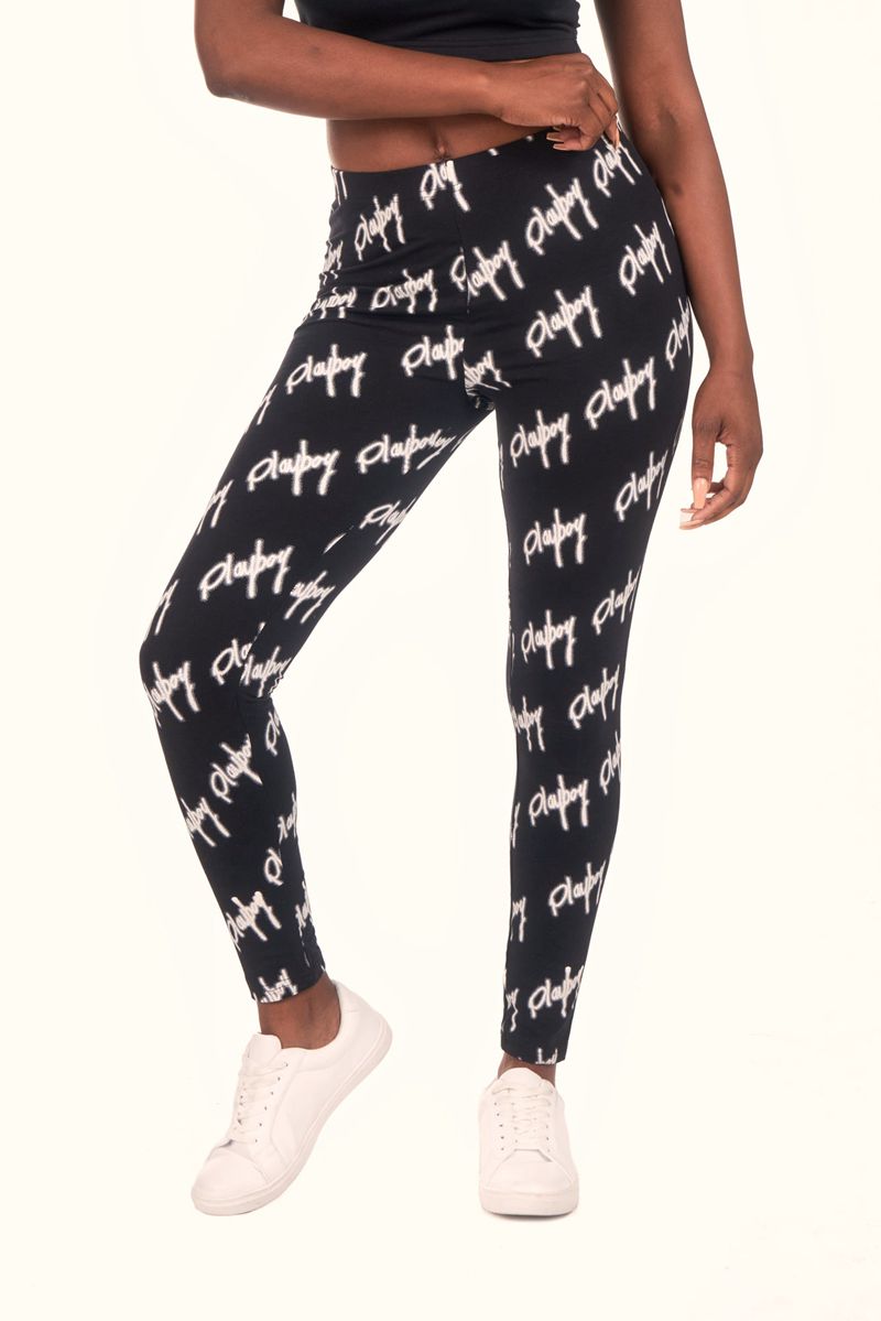 Pantalones Playboy Graffiti Script Legging Mujer Negros Blancos | 3961-FCNGE