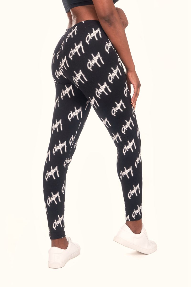 Pantalones Playboy Graffiti Script Legging Mujer Negros Blancos | 3961-FCNGE