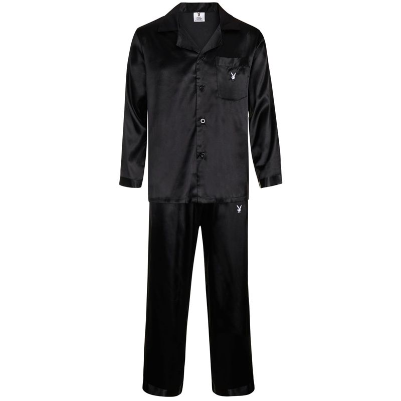 Ropa De Casa Playboy Satin Lounge Pajama Set Mujer Negros | 2107-NXTYU