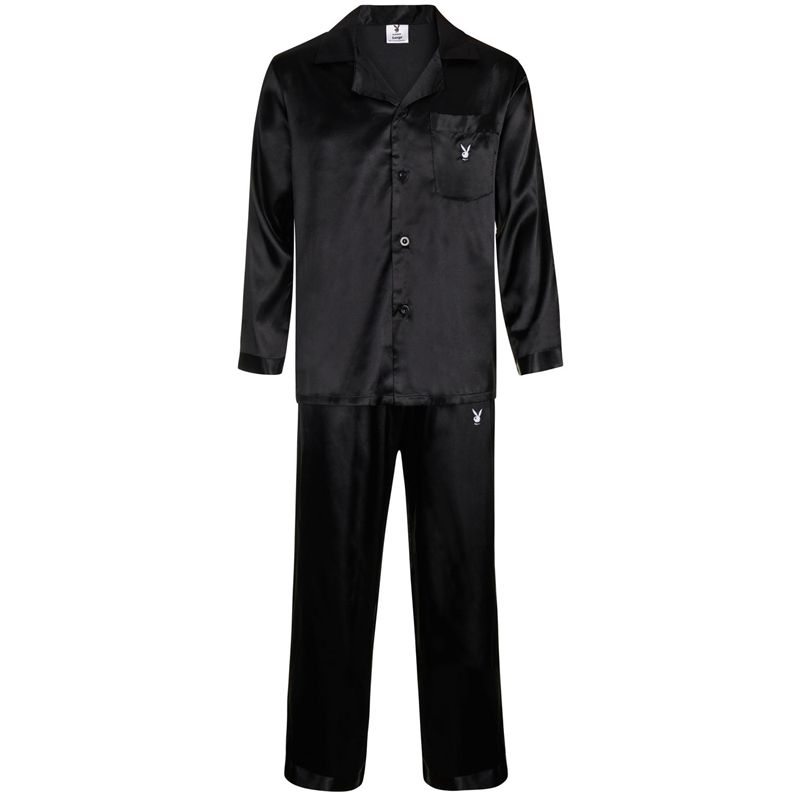 Ropa De Casa Playboy Satin Lounge Pajama Set Hombre Negros | 8493-CTPBG