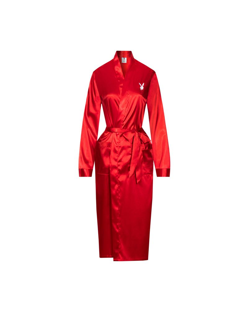 Ropa De Casa Playboy Satin Lounge Robe Hombre Rojos | 8340-RENYS