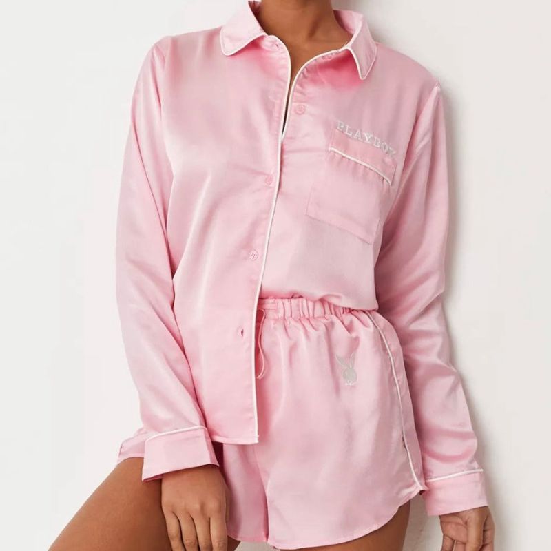 Ropa De Casa Playboy Satin Pajama Set Mujer Rosas | 5124-XUPHK