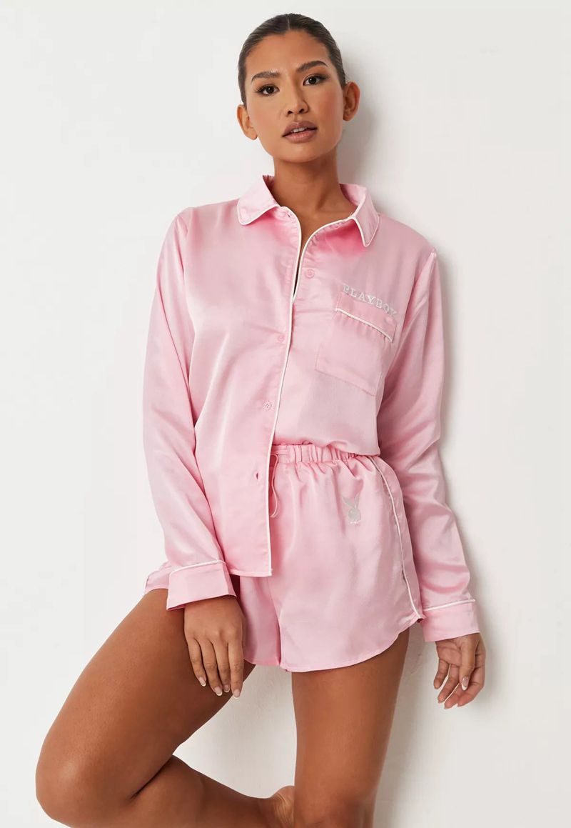 Ropa De Casa Playboy Satin Pajama Set Mujer Rosas | 5124-XUPHK