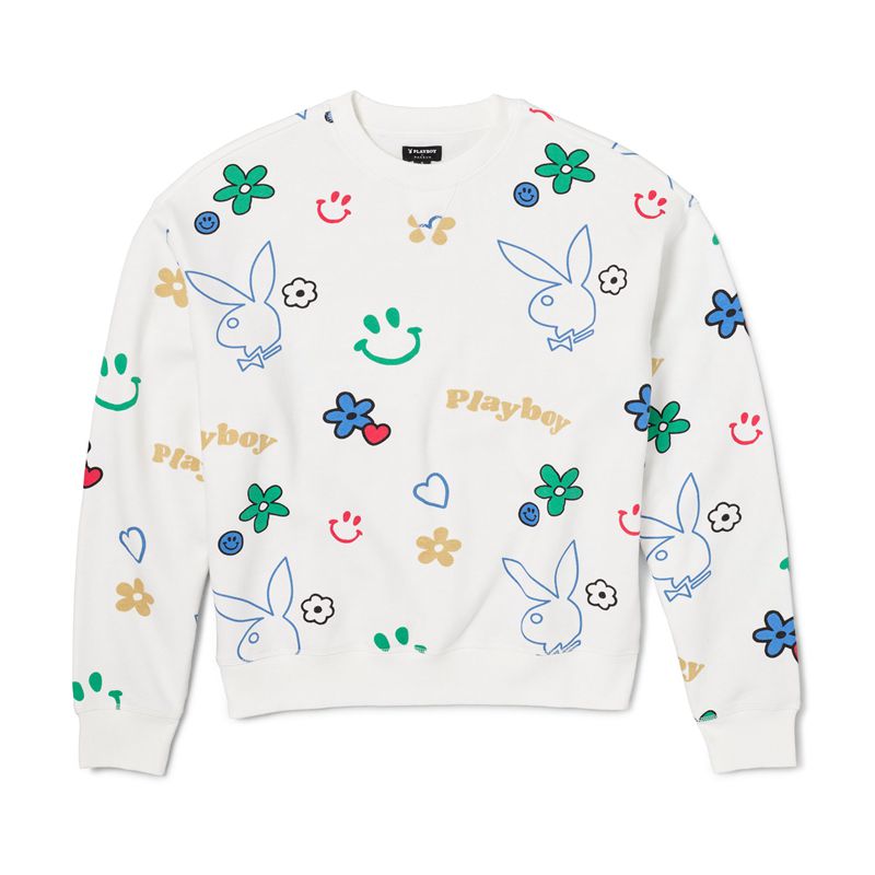 Sudadera Con Capucha Playboy Doodle Crew Neck Mujer Blancos Multicolor | 8925-LZIBE