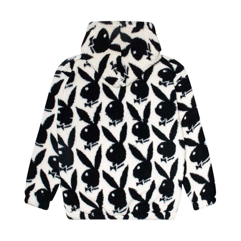 Sudadera Con Capucha Playboy Repeating Rabbit Head Sherpa Mujer Negros Blancos | 9730-TVCUS