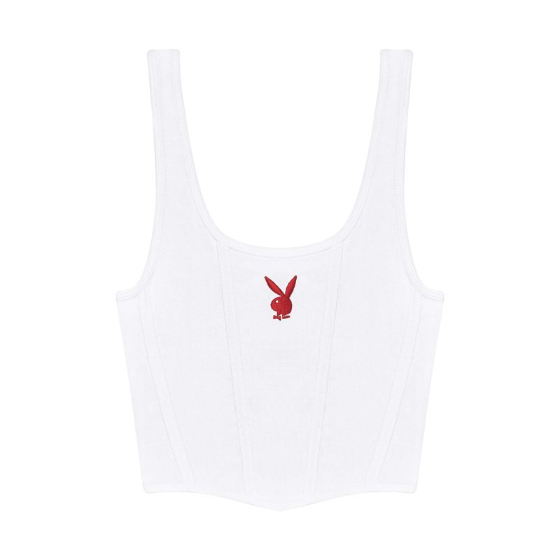 Tank Playboy White Corset Ribbed Mujer Blancos | 0638-XGQYJ