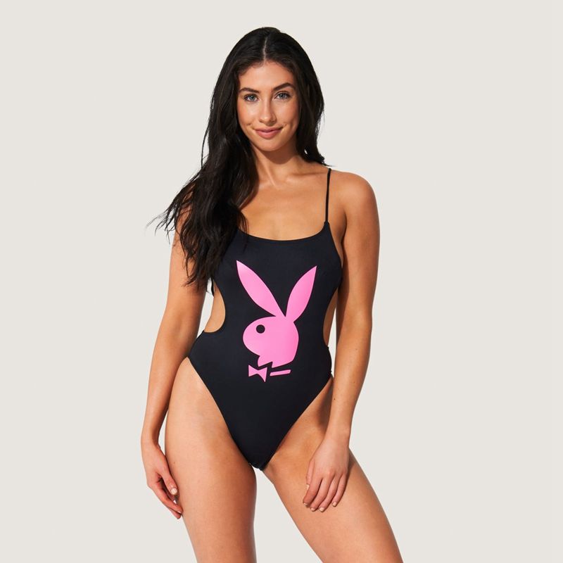 Trajes De Baño Playboy Encaje Up Back Bunny One Piece Mujer Negros Blancos | 3792-HVJOE