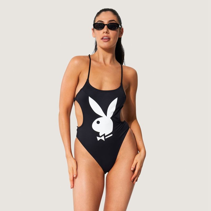 Trajes De Baño Playboy Encaje Up Back Bunny One Piece Mujer Negros Blancos | 3792-HVJOE