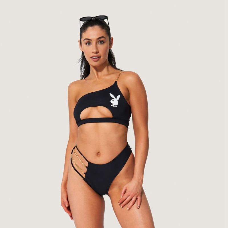 Trajes De Baño Playboy One Shoulder Cut Out Chain Bikini Mujer Negros | 2468-YMSIG