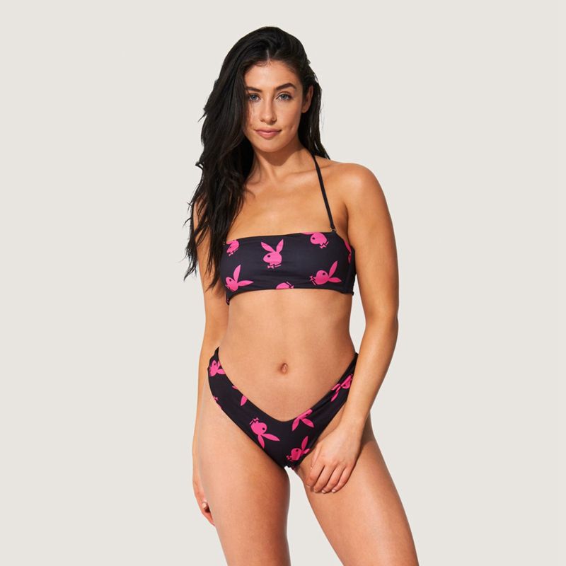 Trajes De Baño Playboy Tie Bandeau Bikini Mujer Blancos Negros | 9745-QYXVD