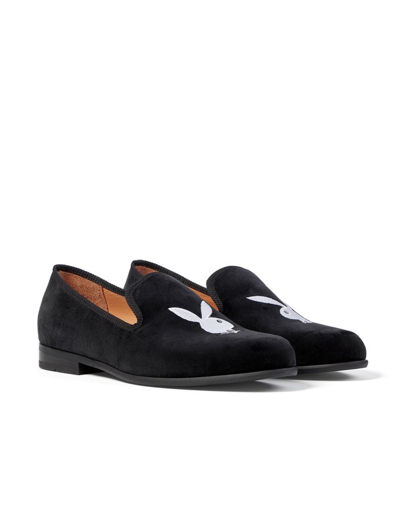 Zapatos Playboy Duke + Dexter Velvet Bunny Loafers Hombre Negros Blancos | 2048-ETLKG