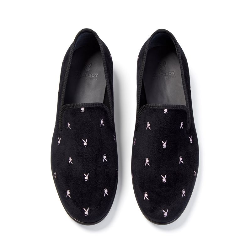 Zapatos Playboy Duke + Dexter Velvet Mini Rabbit Head Loafers Hombre Negros Blancos | 5697-NXUVD