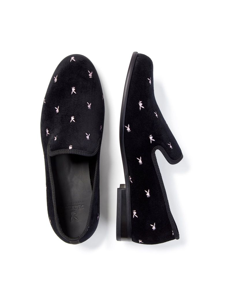 Zapatos Playboy Duke + Dexter Velvet Mini Rabbit Head Loafers Hombre Negros Blancos | 5697-NXUVD