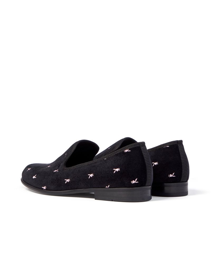 Zapatos Playboy Duke + Dexter Velvet Mini Rabbit Head Loafers Hombre Negros Blancos | 5697-NXUVD