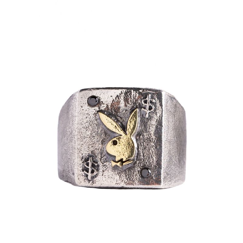 Joyería Playboy Rabbit Head Ring With Onyx Stones Hombre Metal | 6982-PHATE